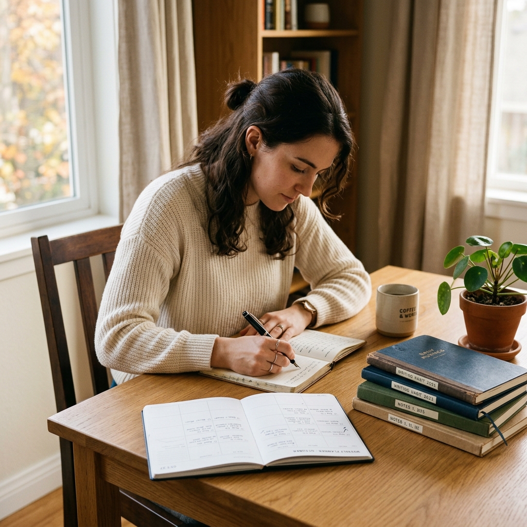 A person writing at a clean desk with a weekly planner and stack of completed notebooks beside them, a small potted plant on the desk, warm natural light, building a daily writing routine