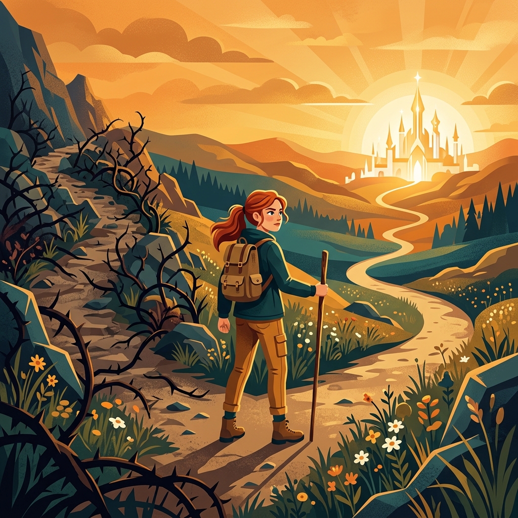 A character standing at a fork in a path, with one road leading uphill through obstacles and the other toward a distant shining goal