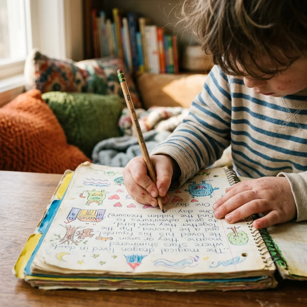 Young child's hands writing in a notebook while using **creative writing prompts**, with drawings and personal expression visible on the page