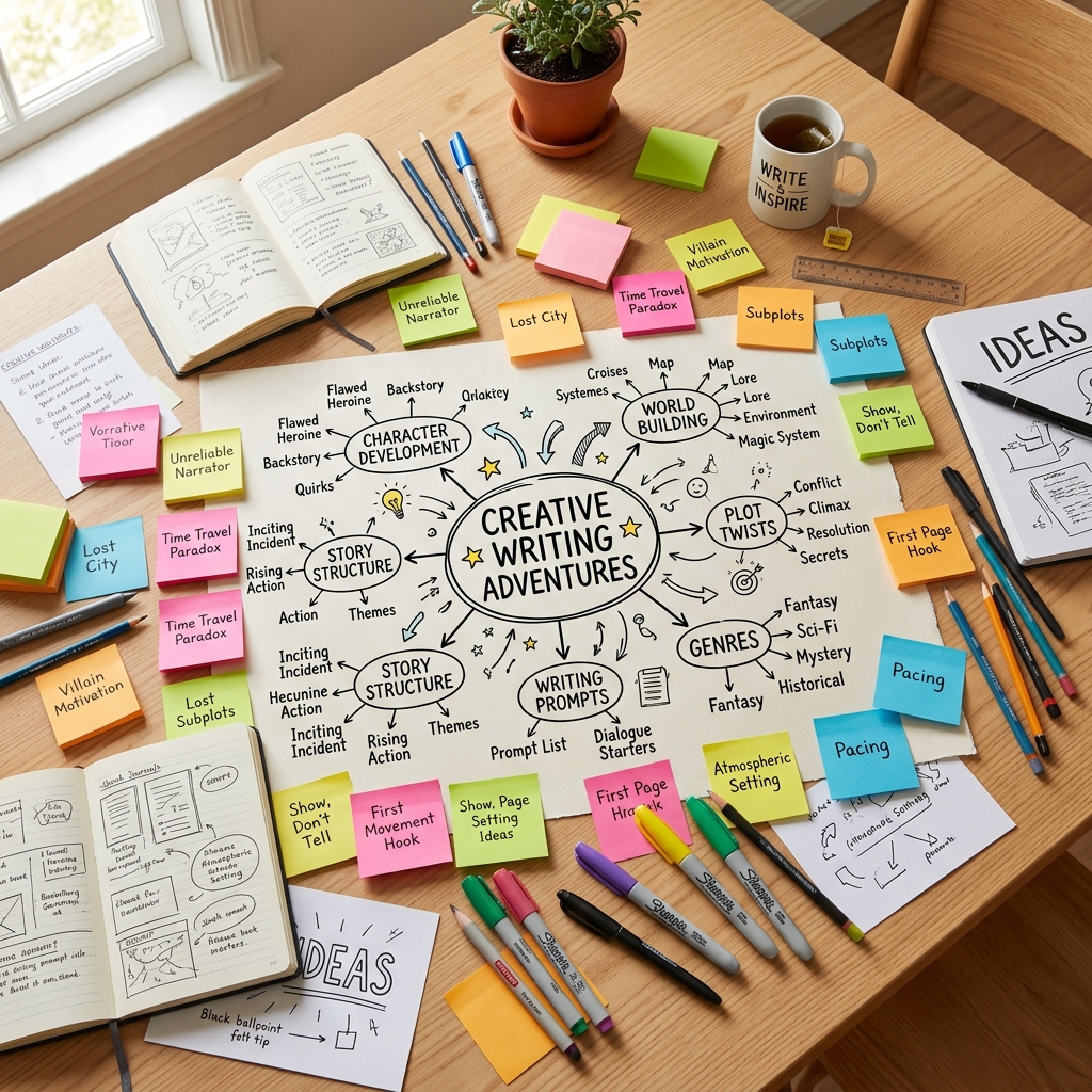 Colorful sticky notes and a mind map spread across a bright table with pencils and markers, showing a creative brainstorming session for writing ideas