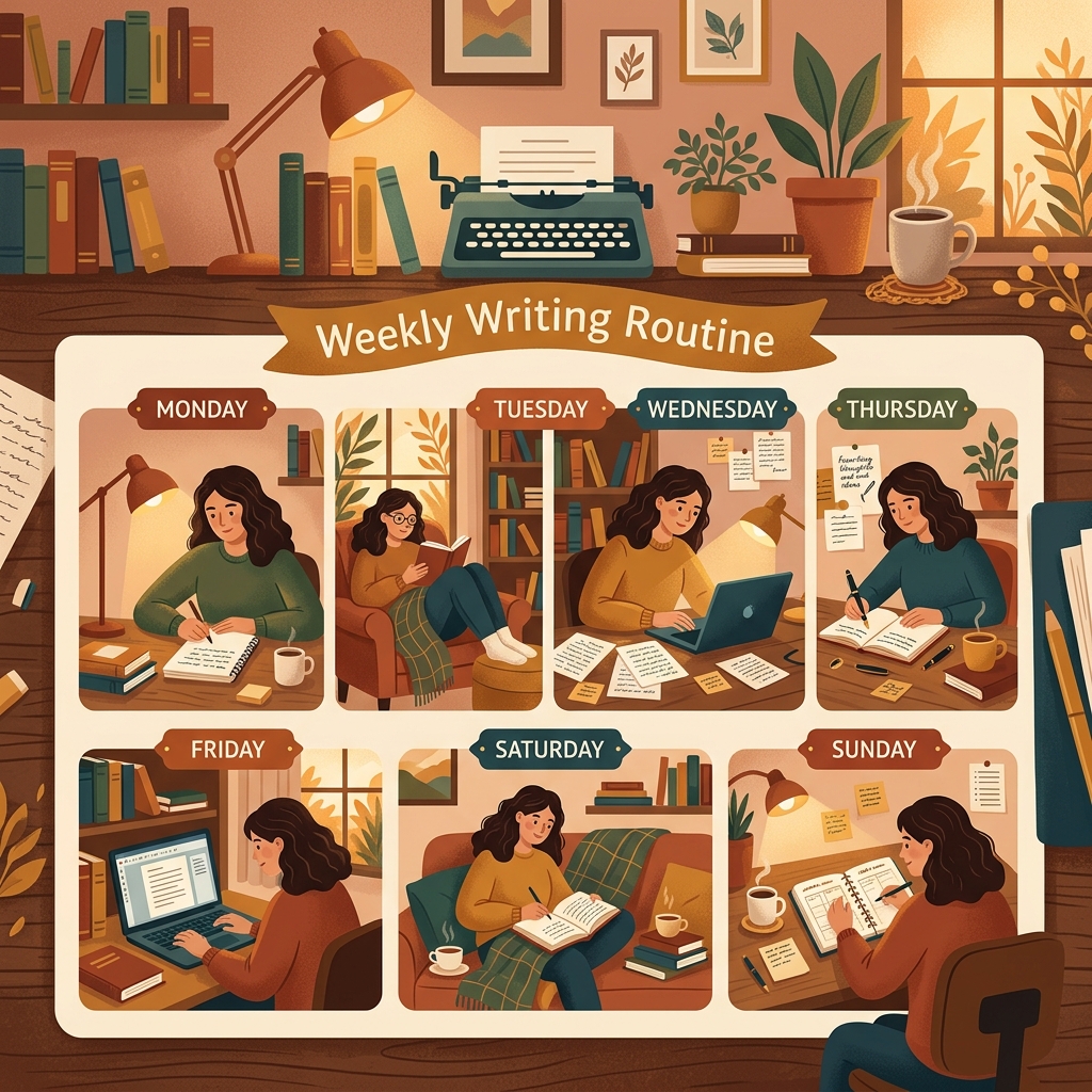 A weekly writing routine calendar showing small vignettes for each day with different writing activities like notebook writing, reading, revising, and free-writing