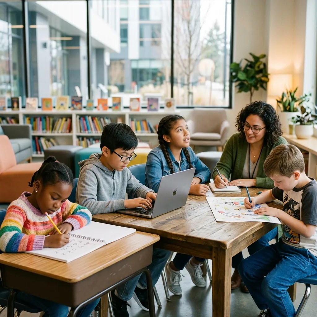 Diverse group of children writing in different formats and styles, showing that writing prompts work for every type of learner