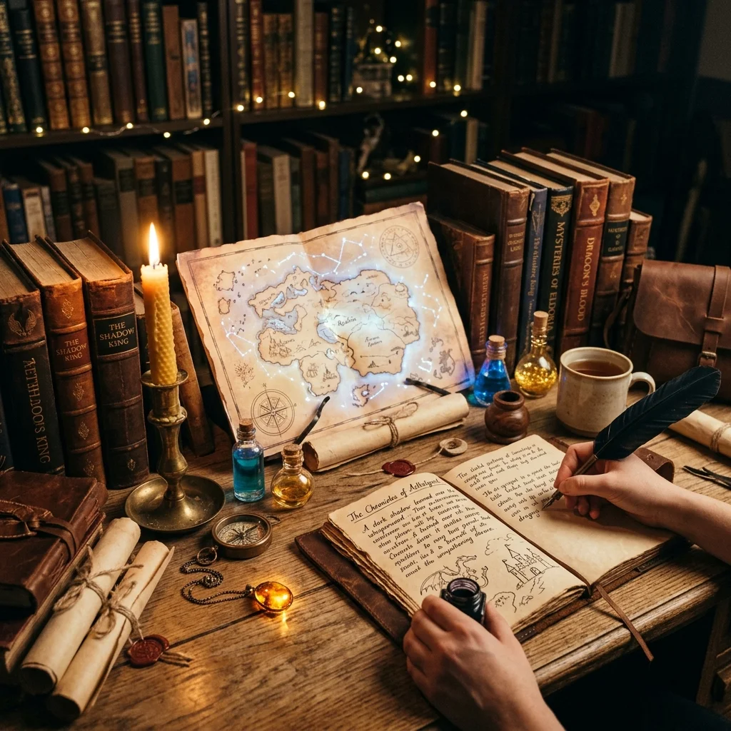 Fantasy writing workspace with magical books, maps, scrolls, and a creative notebook.