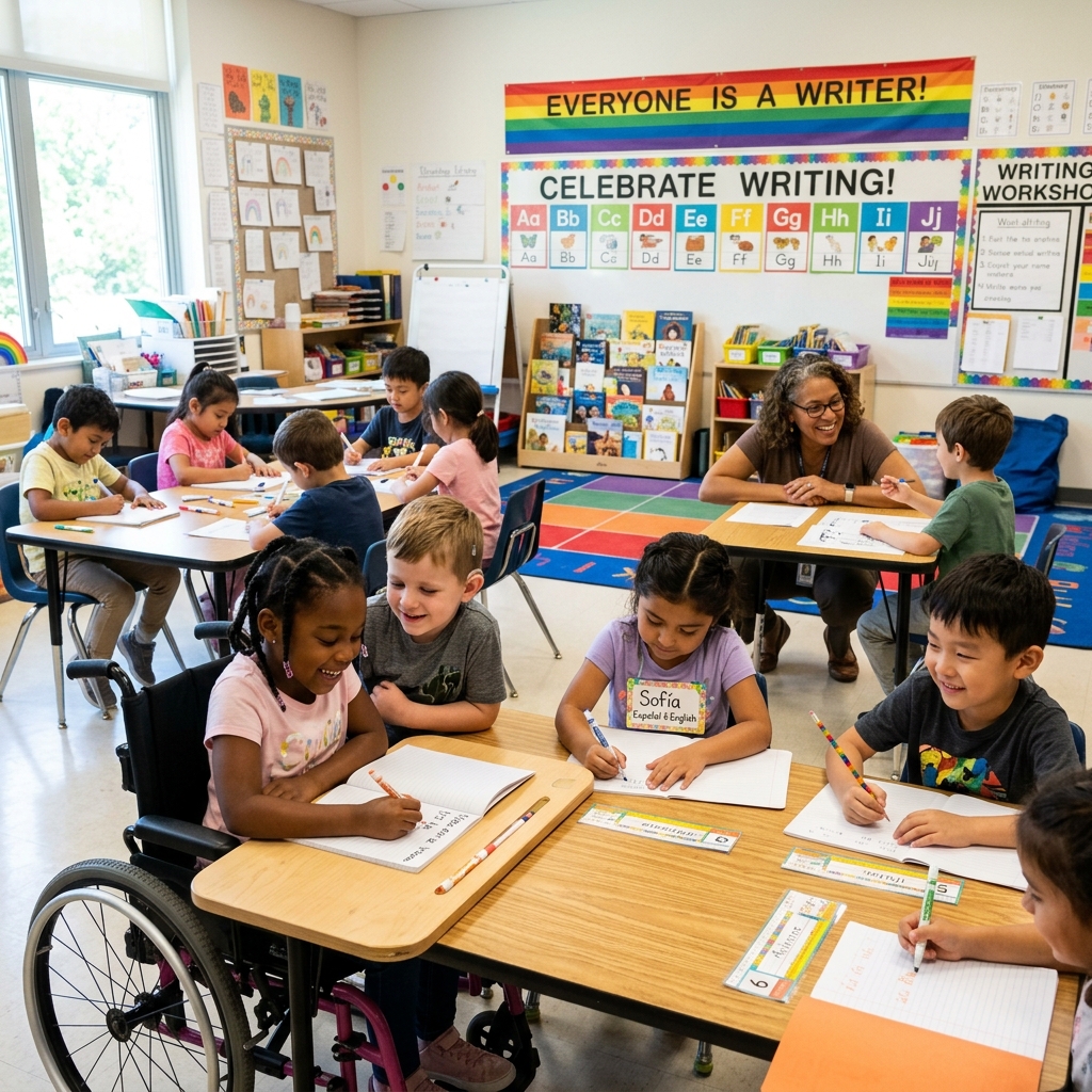 Inclusive kindergarten writing workshop showing diverse learners including children with disabilities and English language learners all engaged in writing activities with teacher support