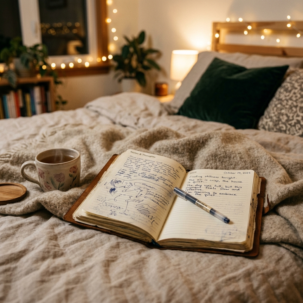 An open journal on a cozy blanket with handwritten entries, a warm cup of tea beside it, soft ambient lighting, a pen resting on the page, personal reflective journaling moment