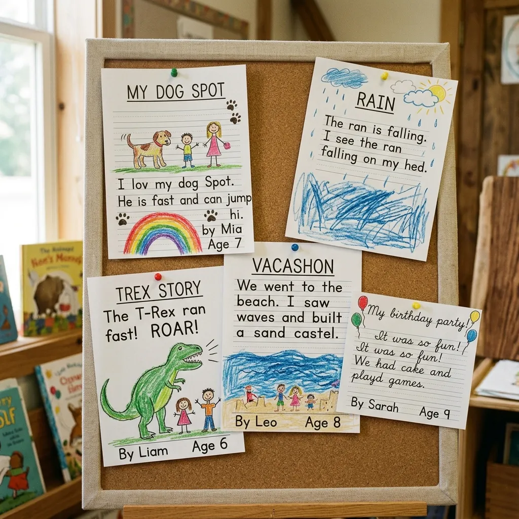 Collection of authentic children's writing samples showing different styles, illustrations, and creativity levels from using engaging writing prompts