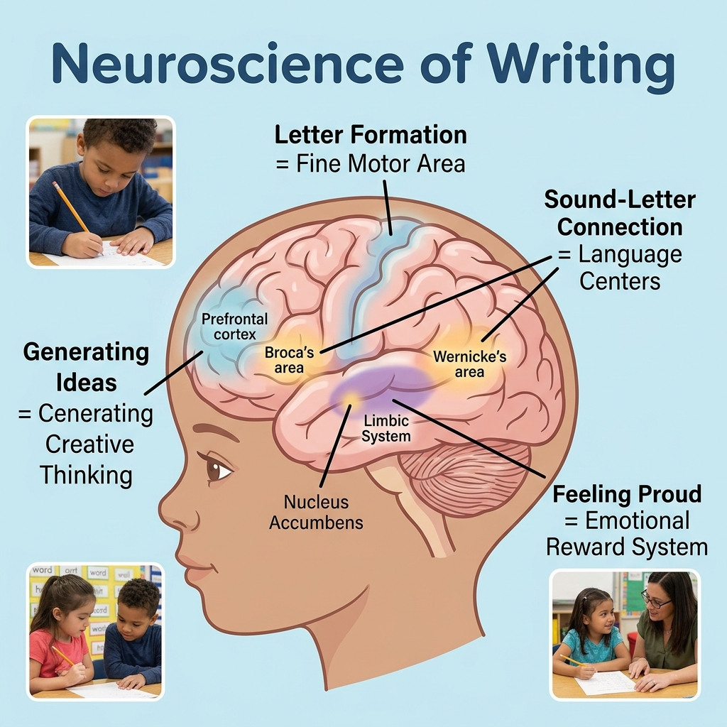 Illustrated cross-section of kindergarten child's brain showing multiple areas activated during writing activities including motor skills, language, and creativity