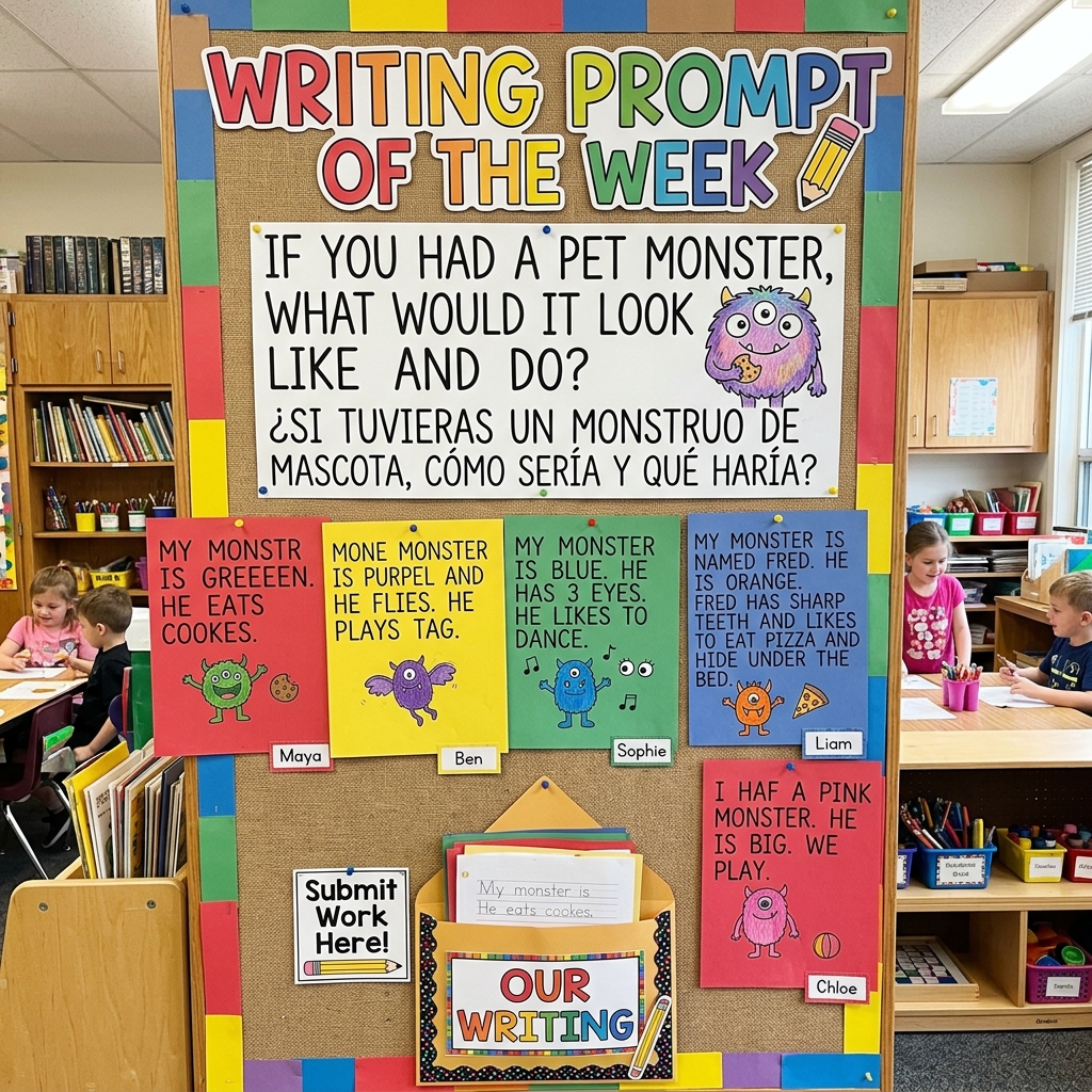 Kindergarten classroom writing prompt bulletin board displaying the week's prompt and examples of diverse student responses