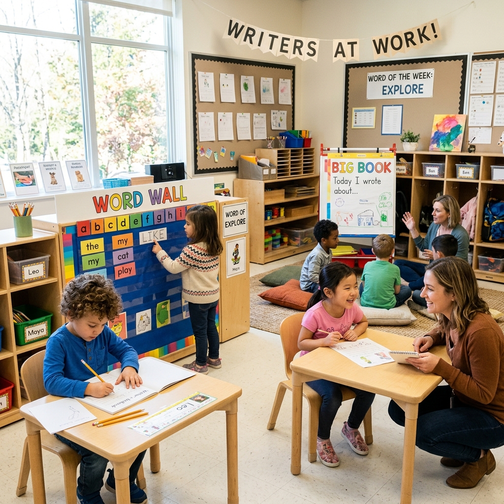 Active kindergarten writing workshop showing multiple students engaged in different writing activities with teacher support