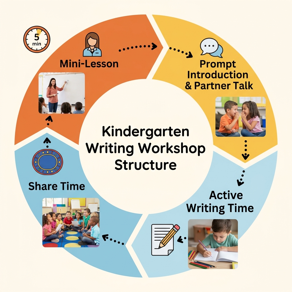 Visual flowchart showing the four parts of kindergarten writing workshop: mini-lesson, prompt introduction, active writing time, and sharing time