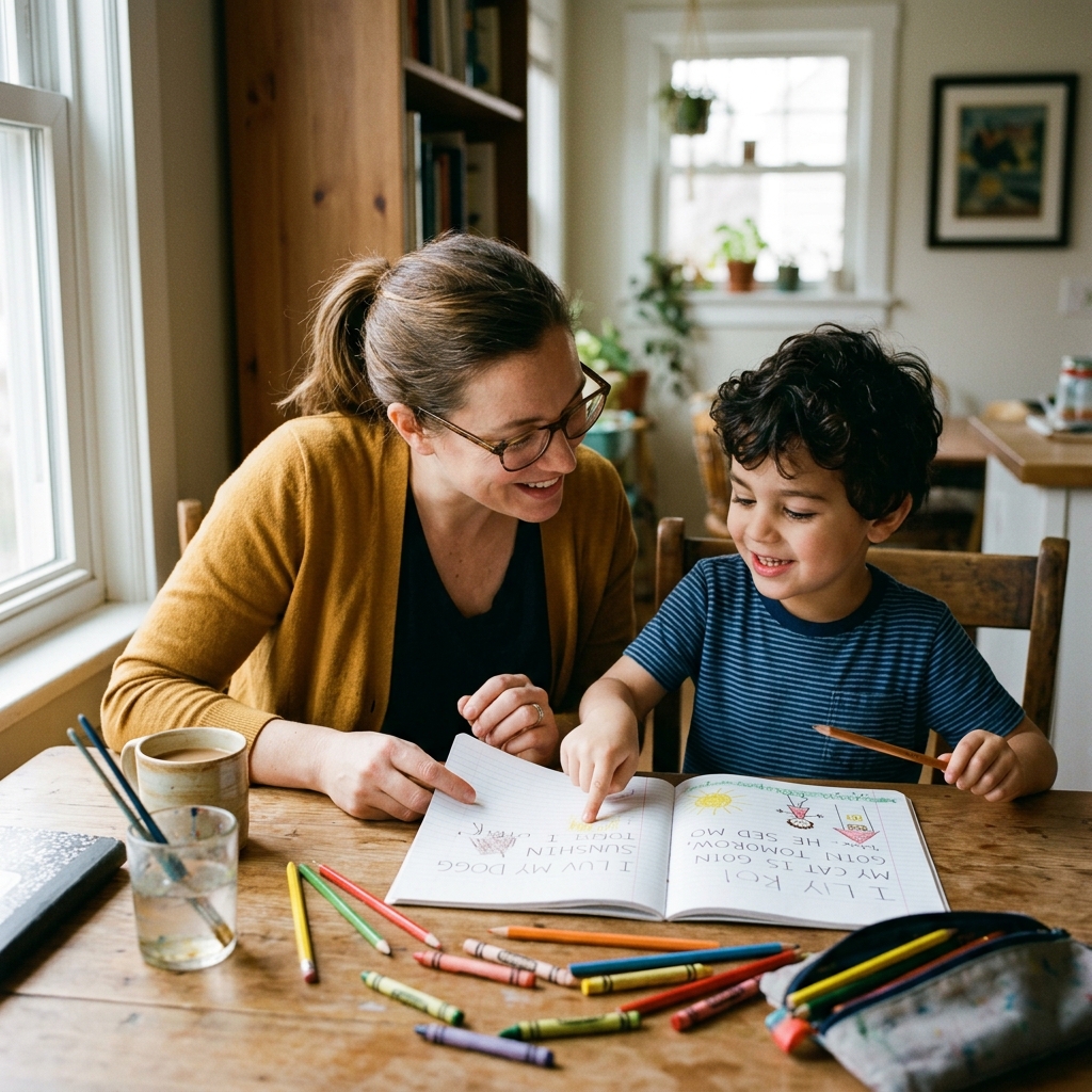 Parent and kindergarten child working on writing prompts together at home, showing supportive interaction and celebration of effort