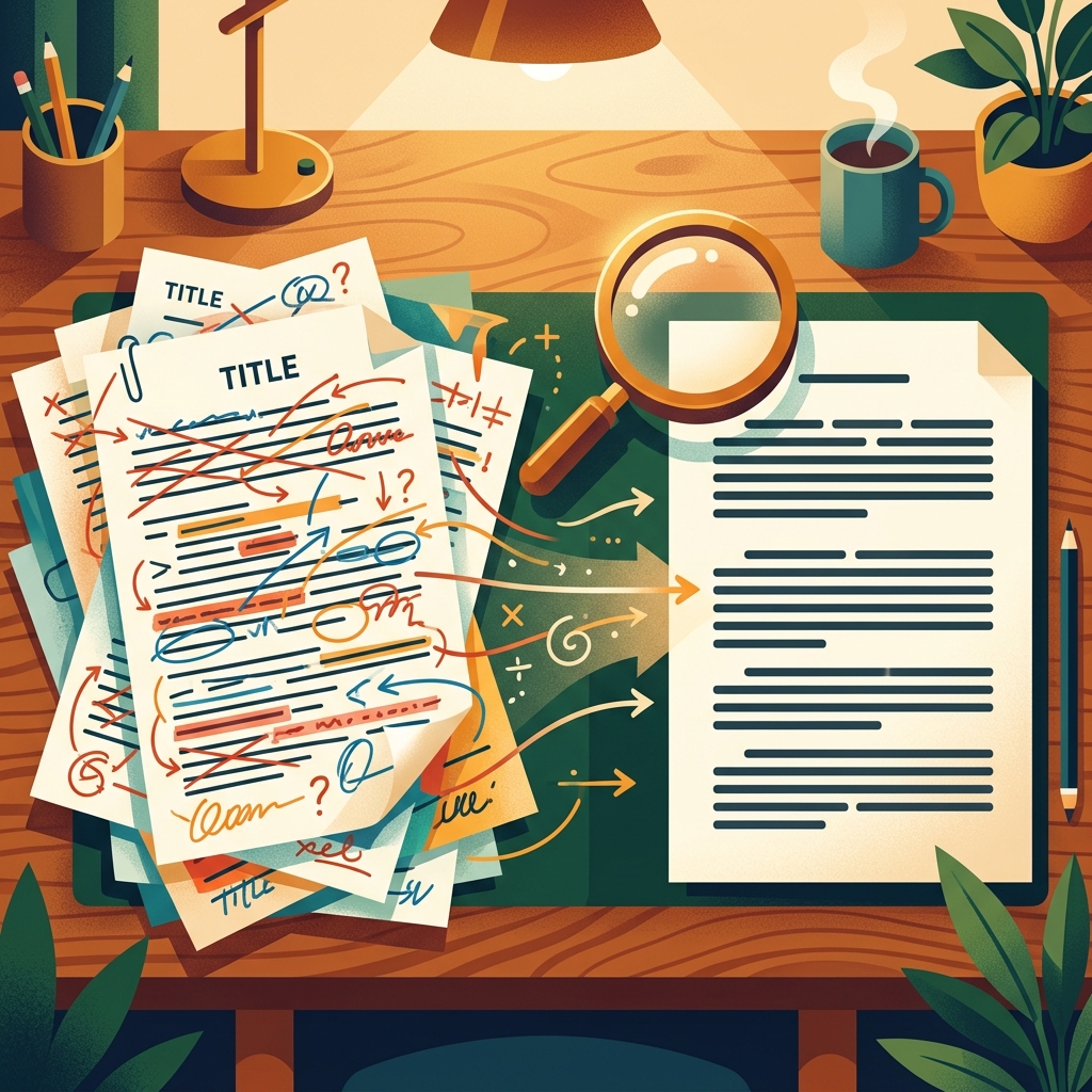 Manuscript pages with colorful annotation marks and cross-outs transforming into a polished clean page, with a magnifying glass hovering over the text