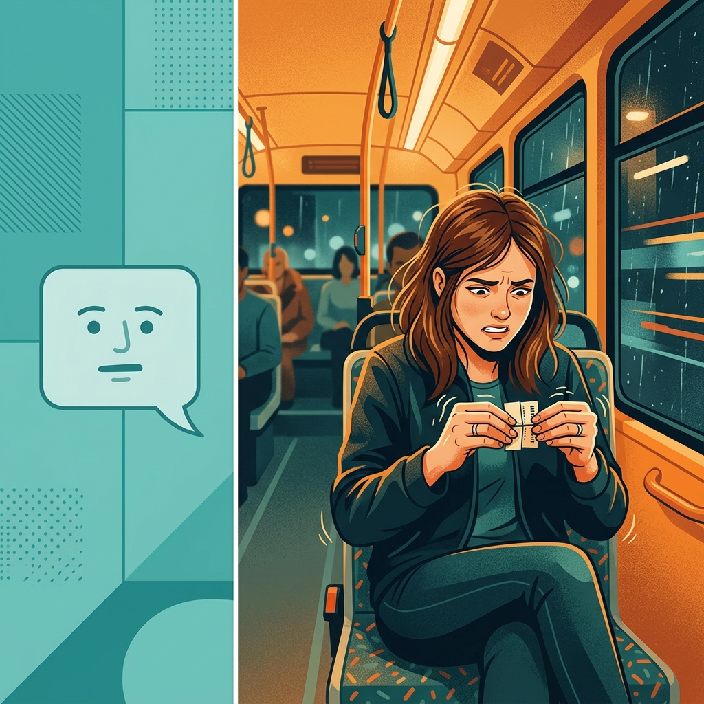 Illustration showing the concept of show versus tell in writing, with a vivid scene of a person nervously folding a bus ticket contrasted against a plain emotion label