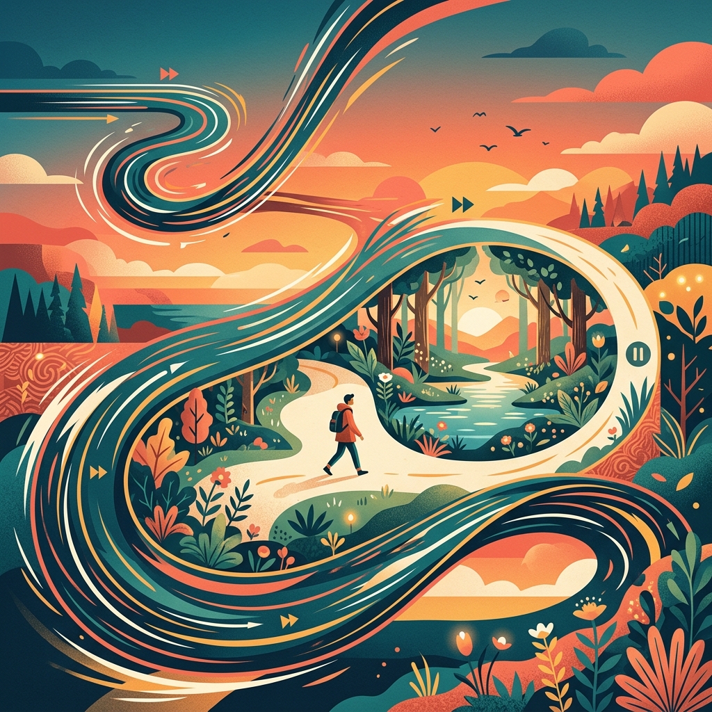 A winding story path that alternates between narrow fast sections and wide slow reflective areas, with a small figure walking along it