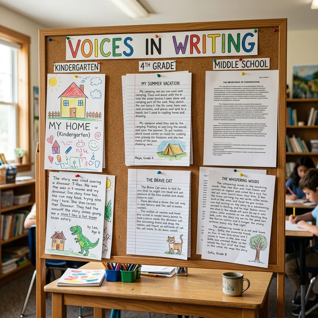Collection of student writing samples showing progress and creativity across different grade levels using age-appropriate writing prompts