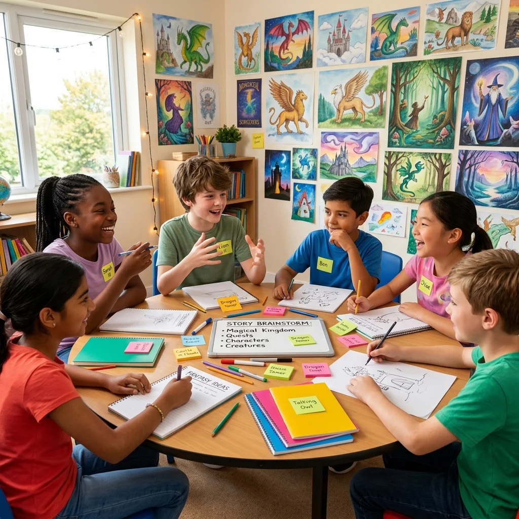 Students using fantasy writing prompts to create imaginative stories in a classroom.