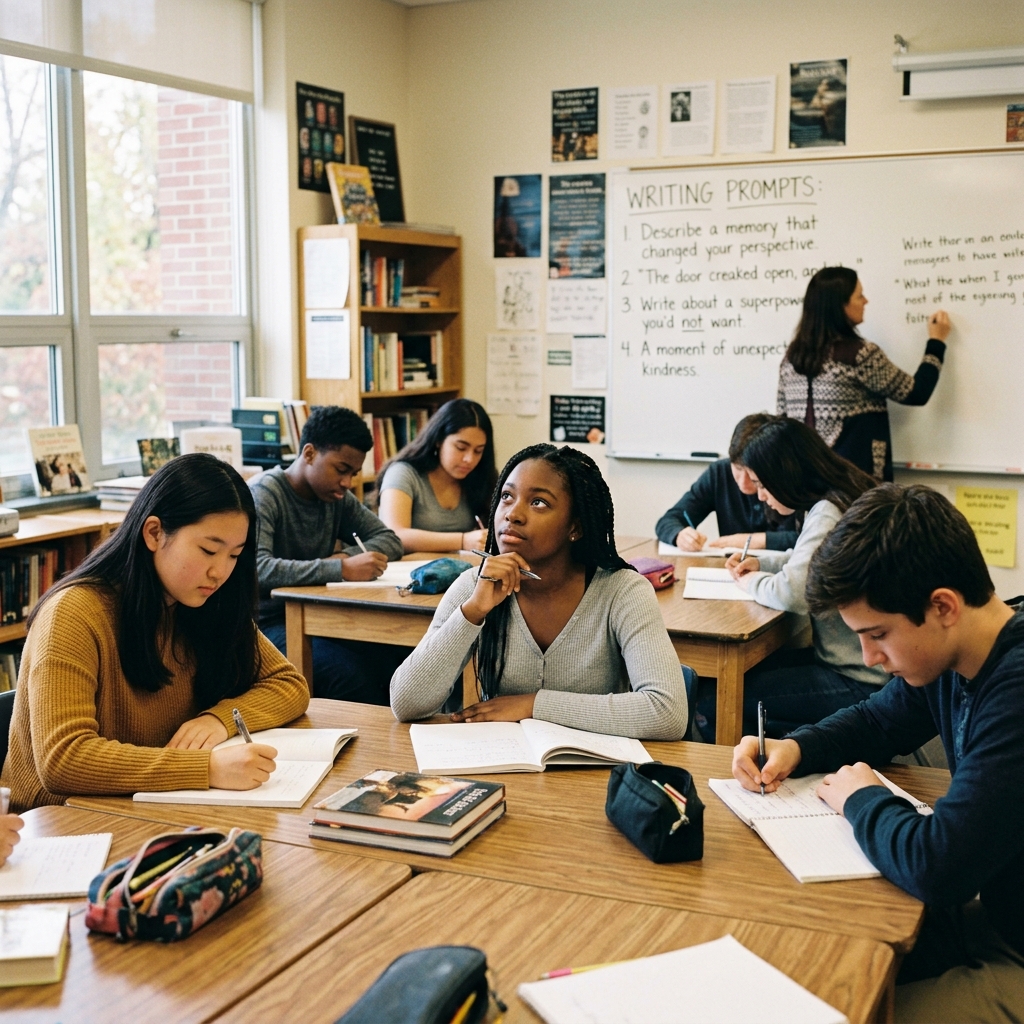 Diverse students in a bright classroom writing in notebooks, a teacher in the background, writing prompts visible on a whiteboard, warm and engaging educational setting