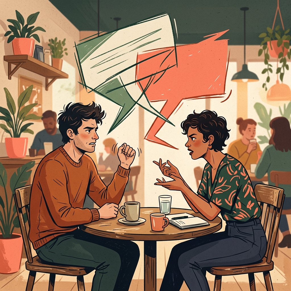 Two characters having a tense dialogue at a cafe table with speech bubbles overlapping, showing subtext and body language