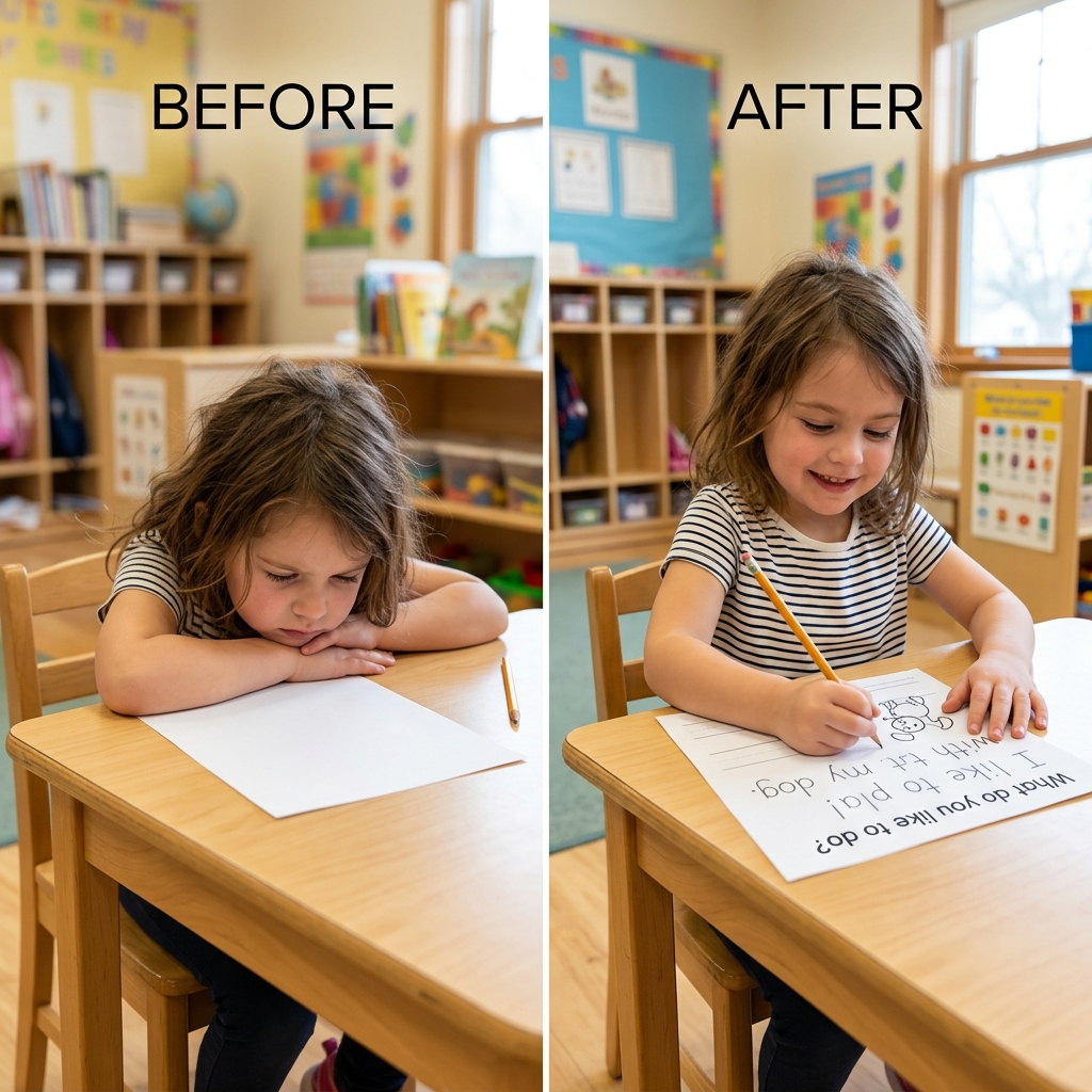 Comparison showing kindergartener before and after receiving appropriate writing prompt and support, from frustrated to engaged and writing