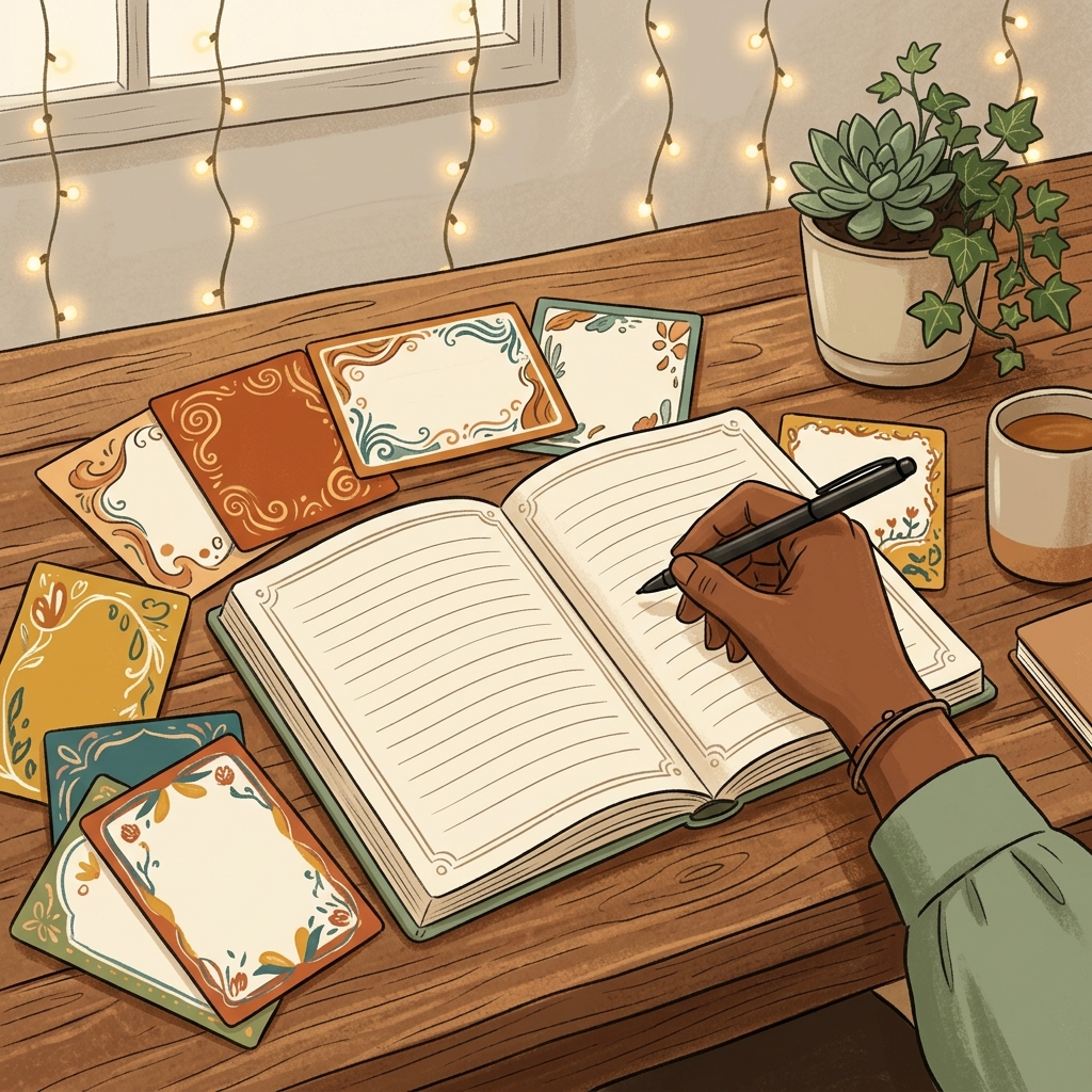An open journal surrounded by colorful writing prompt cards on a warm wooden table, with a hand holding a pen ready to write