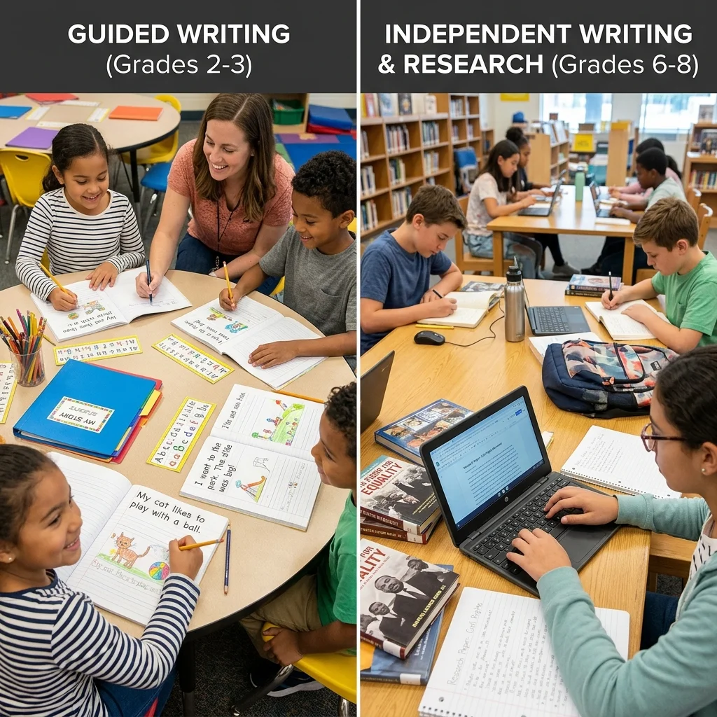 Comparison showing elementary students and middle school students at different stages of writing development using age-appropriate writing prompts