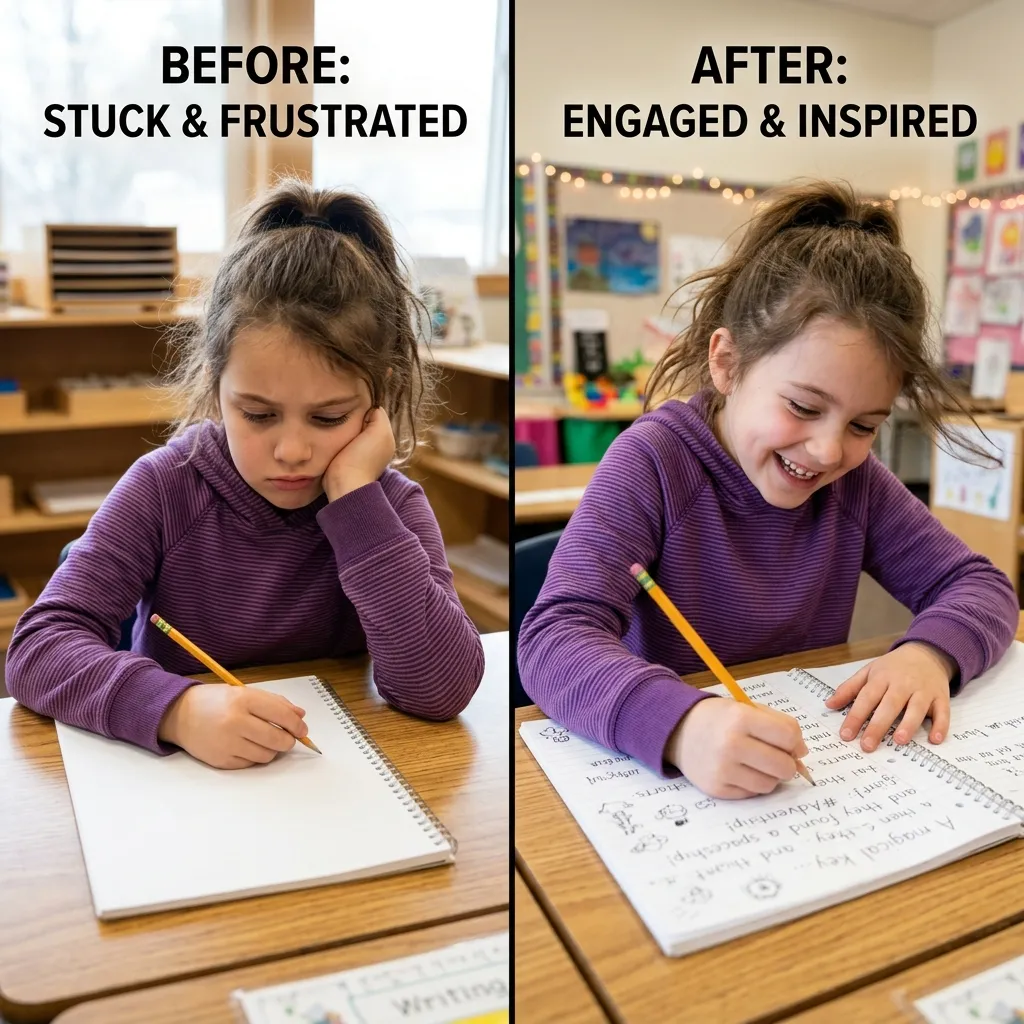 Child transforming from frustrated with blank page to excited and engaged when using fun, age-appropriate writing prompts