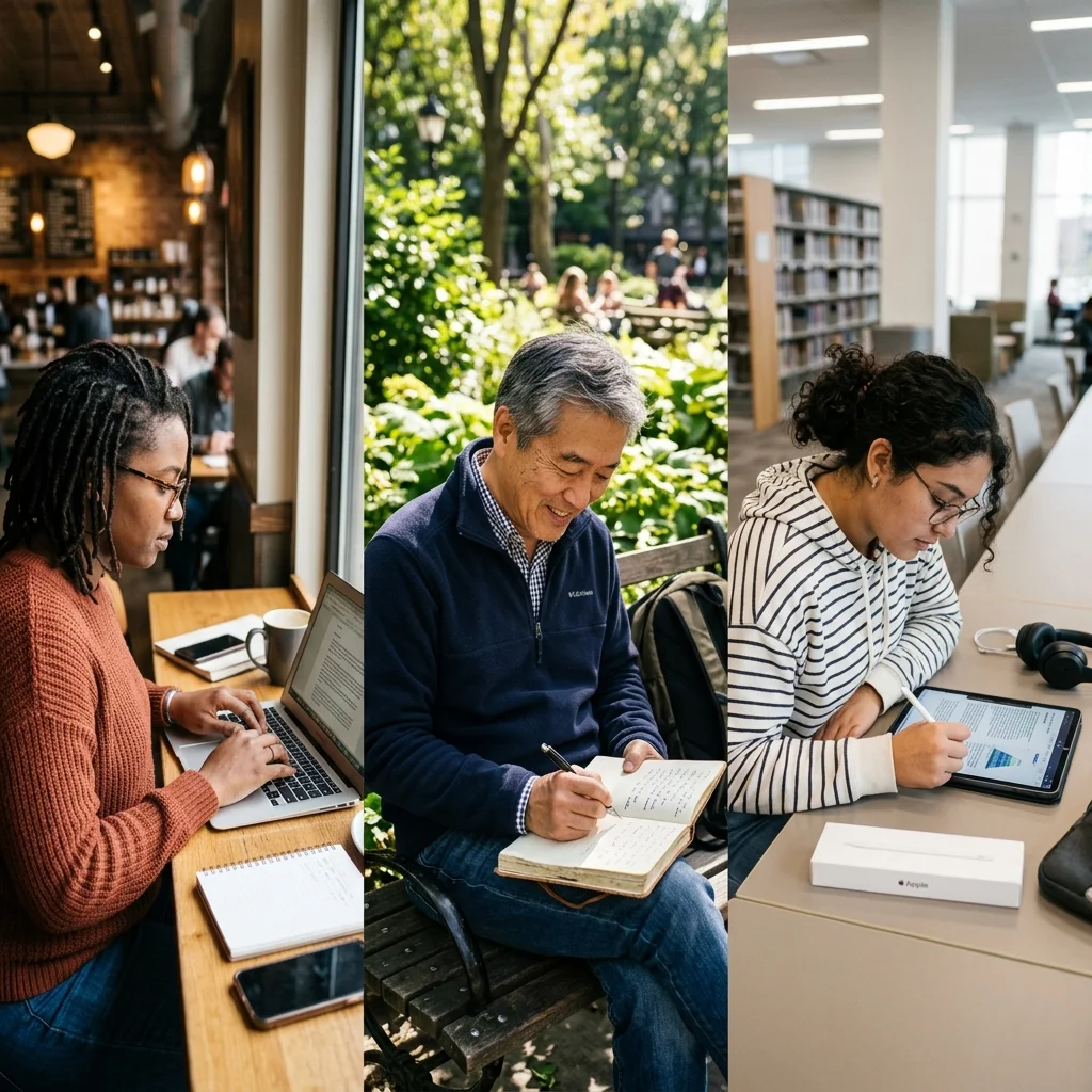 Diverse writers in the modern world Diverse group of writers using various tools and methods to create content in different settings, representing the modern writing landscape