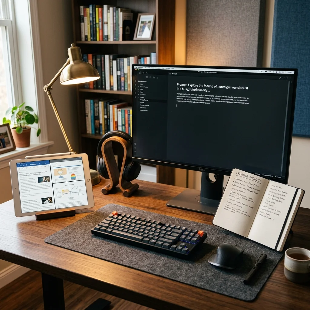Productive writing desk setup Professional writer's desk setup with technology and AI writing prompt tools, organized for maximum productivity and creativity