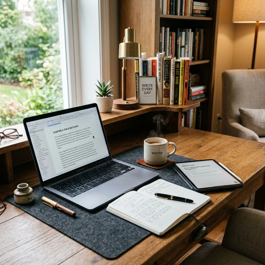 50 Premium Writing Prompts - PromptPre Modern writer's workspace with laptop, notebook, and writing tools representing the blend of creativity and AI-powered writing prompts