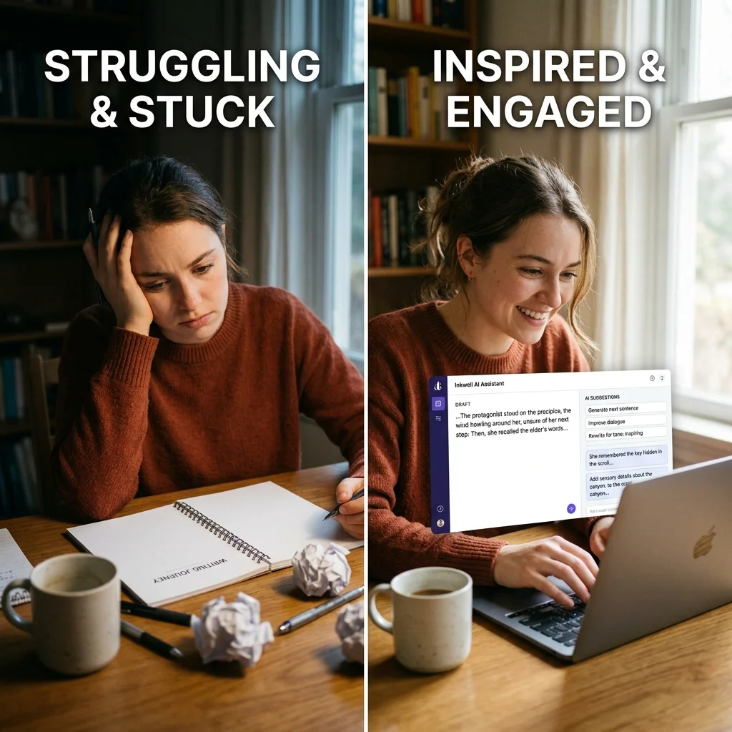 Transforming the creative process Writer transitioning from facing writer's block to successfully creating content using AI-powered writing prompts and tools